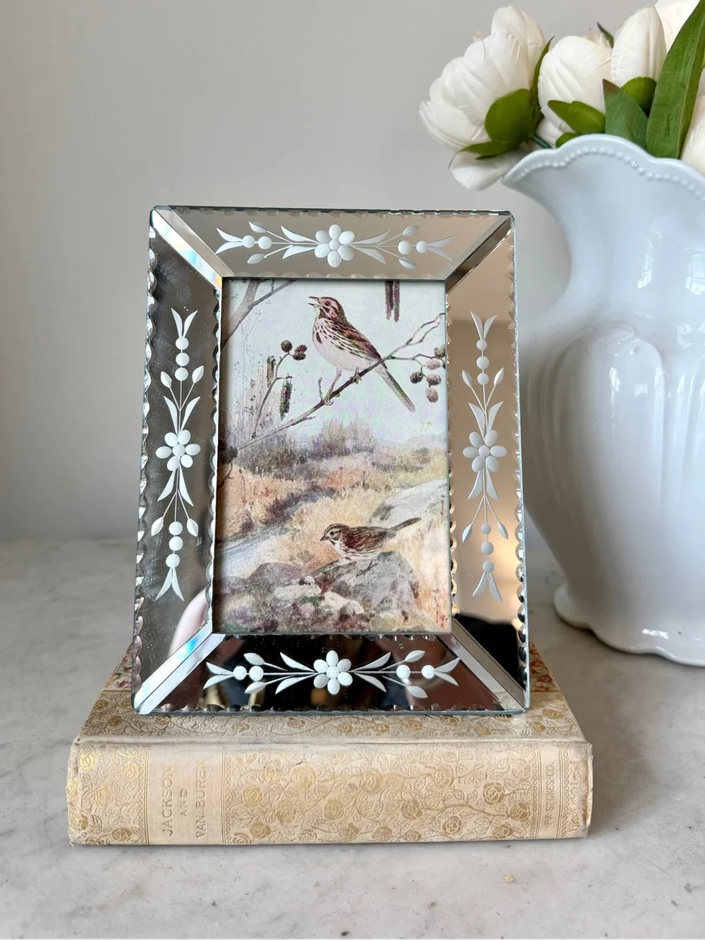 Vintage Venetian Mirrored Floral Etched Picture Frame ✨